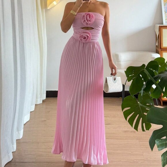 Pink Elegant Women's Strapless Minimalistic Casual Dress - Picture 6 of 6